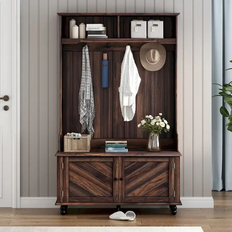 Modern Hall Tree, Entryway Bench with 2 Open Storage Shelves, 4 Metal Double Hooks, for Entrance and Hallway