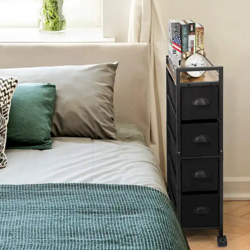Commode étroite à 4 tiroirs, Meuble de rangement en tissu, Commode verticale