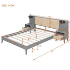 Lit plateforme Queen en bois massif avec tables de chevet et lampes de tête de lit