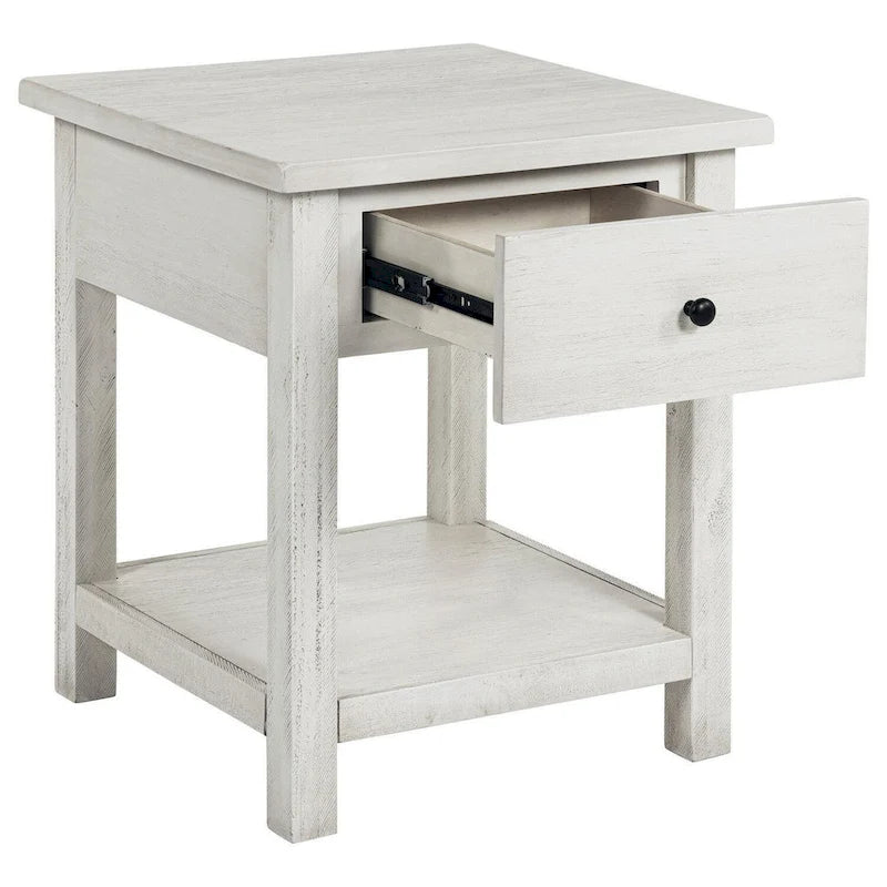 Table d'appoint Ayne, 1 tiroir, bois blanc vieilli, carrée 50 cm