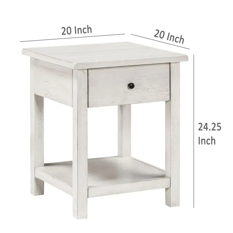 Table d'appoint Ayne, 1 tiroir, bois blanc vieilli, carrée 50 cm