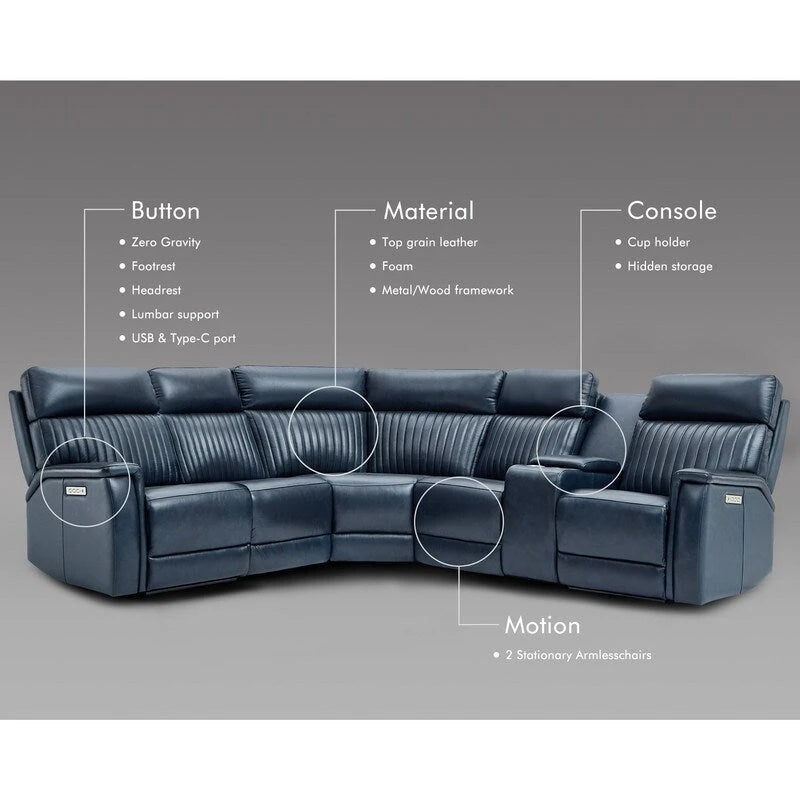 Ensemble de canapés modulables électriques 105 W en cuir véritable avec fauteuil inclinable, triple motorisation, console simple, ports USB et USB-C