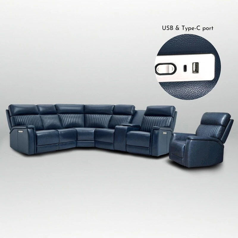 Ensemble de canapés modulables électriques 105 W en cuir véritable avec fauteuil inclinable, triple motorisation, console simple, ports USB et USB-C