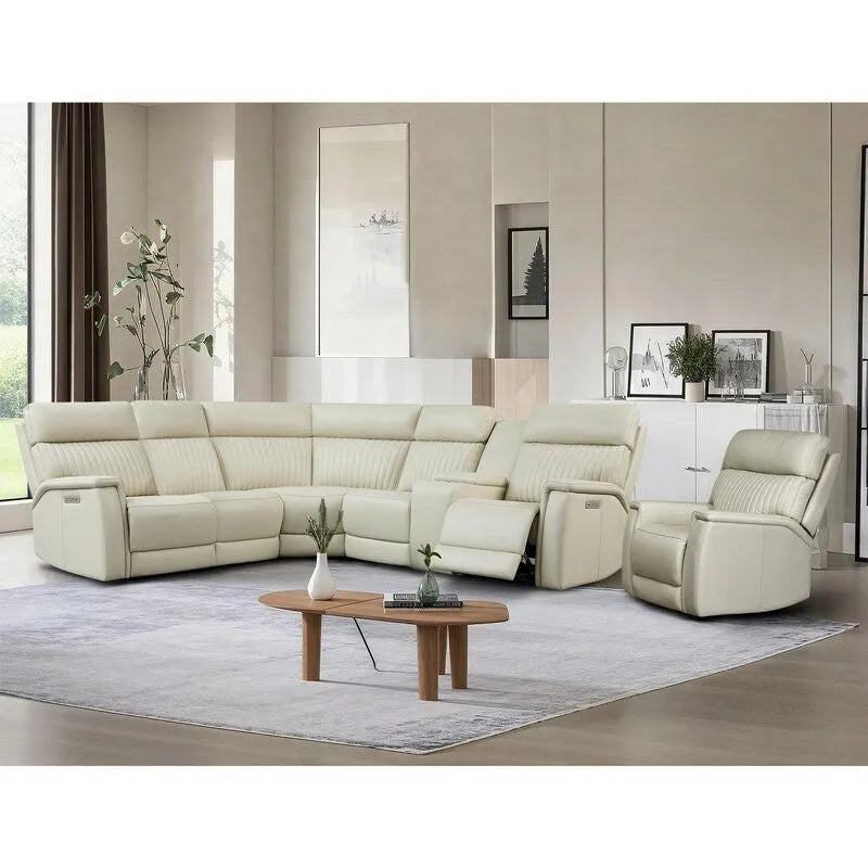 Ensemble de canapés modulables électriques 105 W en cuir véritable avec fauteuil inclinable, triple motorisation, console simple, ports USB et USB-C