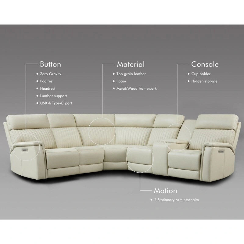 Ensemble de canapés modulables électriques 105 W en cuir véritable avec fauteuil inclinable, triple motorisation, console simple, ports USB et USB-C
