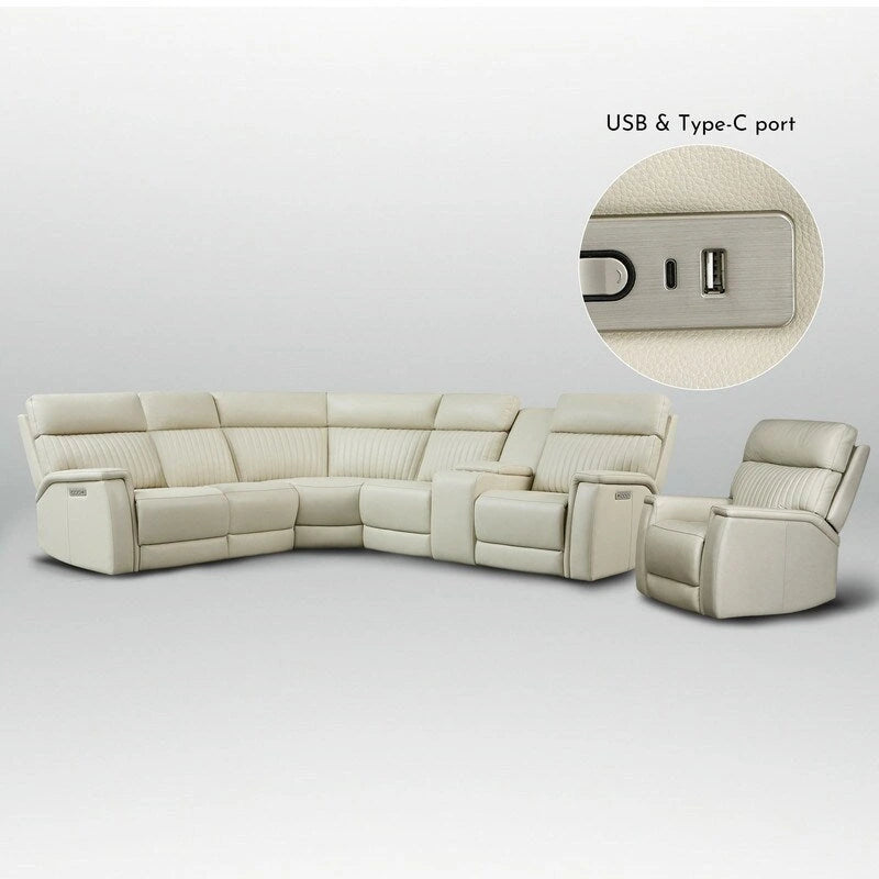 Ensemble de canapés modulables électriques 105 W en cuir véritable avec fauteuil inclinable, triple motorisation, console simple, ports USB et USB-C
