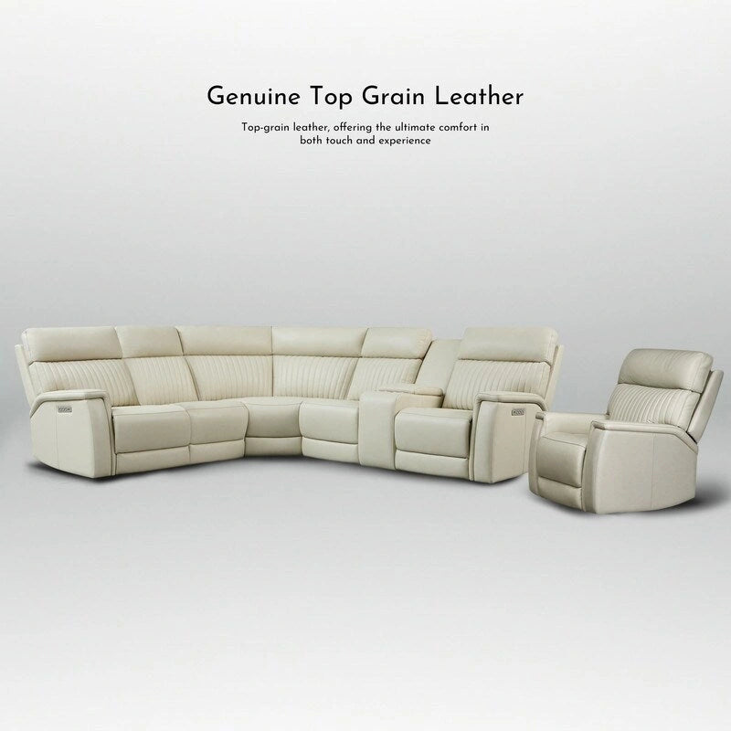 Ensemble de canapés modulables électriques 105 W en cuir véritable avec fauteuil inclinable, triple motorisation, console simple, ports USB et USB-C
