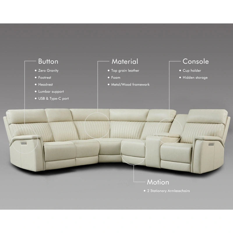 Ensemble de canapés modulables électriques 105 W en cuir véritable avec fauteuil inclinable, triple motorisation, console simple, ports USB et USB-C