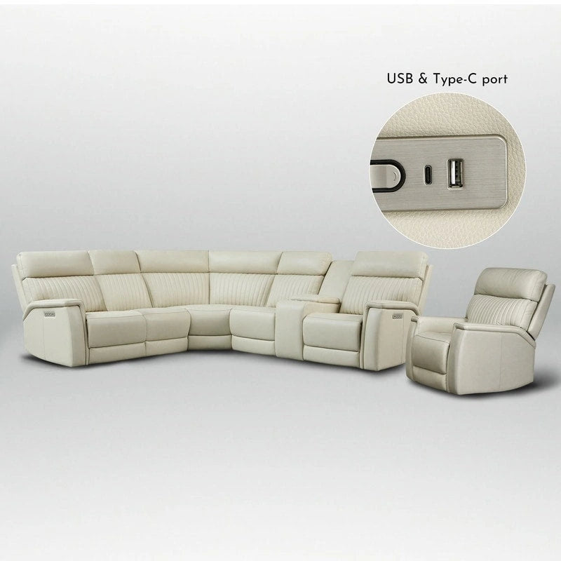 Ensemble de canapés modulables électriques 105 W en cuir véritable avec fauteuil inclinable, triple motorisation, console simple, ports USB et USB-C