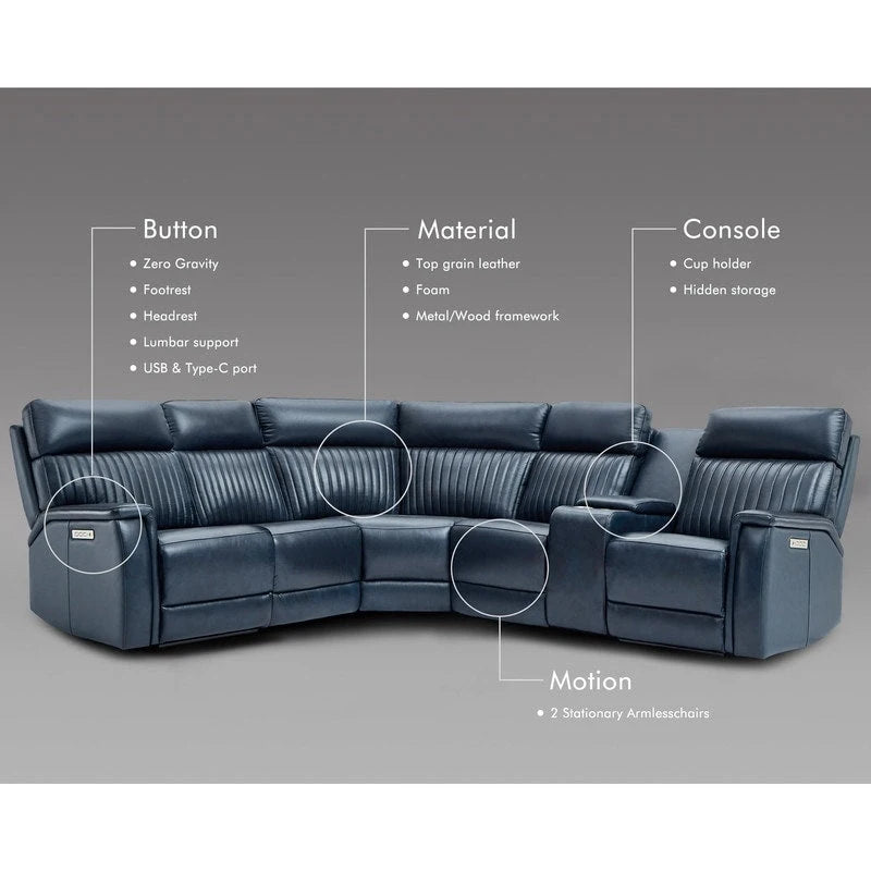 Ensemble de canapés modulables électriques 105 W en cuir véritable avec fauteuil inclinable, triple motorisation, console simple, ports USB et USB-C