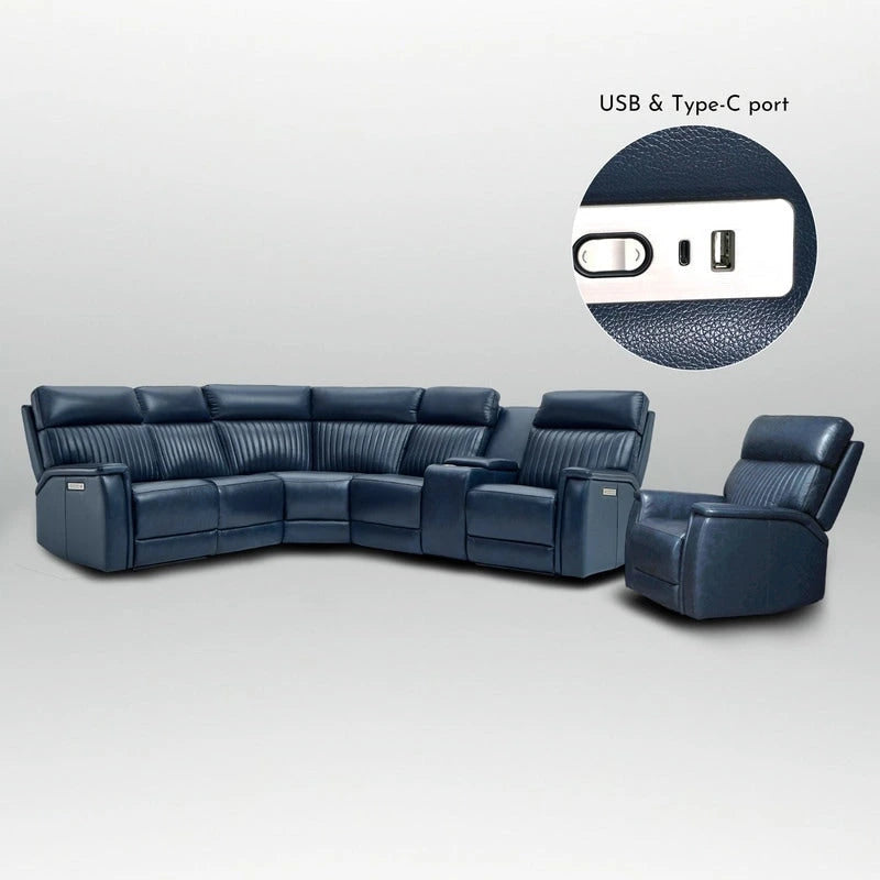 Ensemble de canapés modulables électriques 105 W en cuir véritable avec fauteuil inclinable, triple motorisation, console simple, ports USB et USB-C