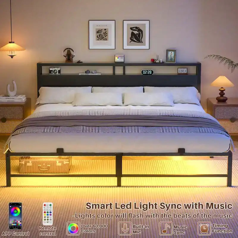 Cadre de lit avec tête de lit, lit plateforme en métal avec lumières LED et station de recharge