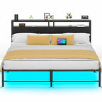 Cadre de lit avec tête de lit, lit plateforme en métal avec lumières LED et station de recharge