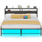 Cadre de lit avec tête de lit, lit plateforme en métal avec lumières LED et station de recharge