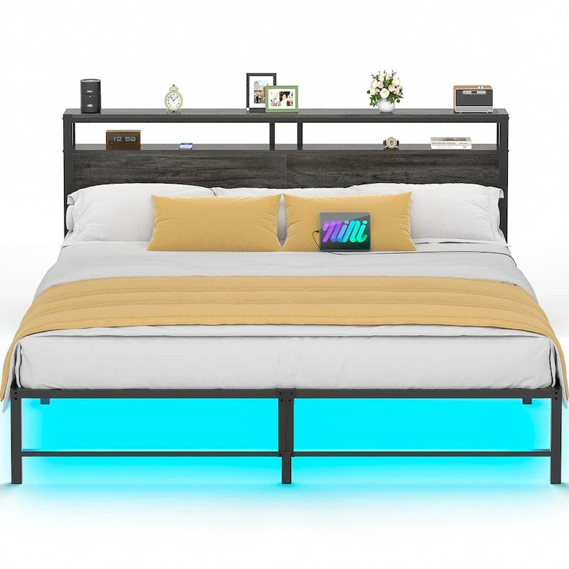 Cadre de lit avec tête de lit, lit plateforme en métal avec lumières LED et station de recharge