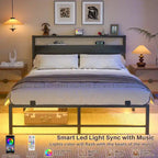 Cadre de lit avec tête de lit, lit plateforme en métal avec lumières LED et station de recharge