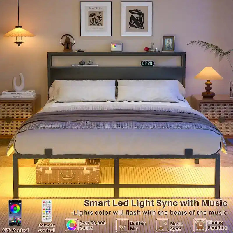 Cadre de lit avec tête de lit, lit plateforme en métal avec lumières LED et station de recharge