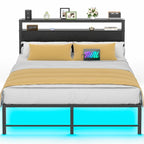 Cadre de lit avec tête de lit, lit plateforme en métal avec lumières LED et station de recharge
