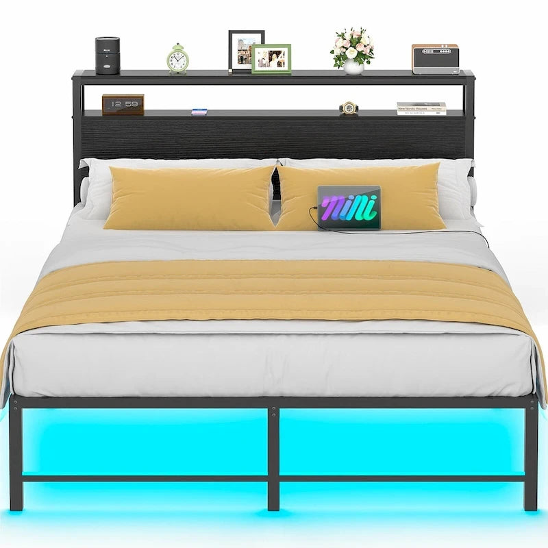 Cadre de lit avec tête de lit, lit plateforme en métal avec lumières LED et station de recharge