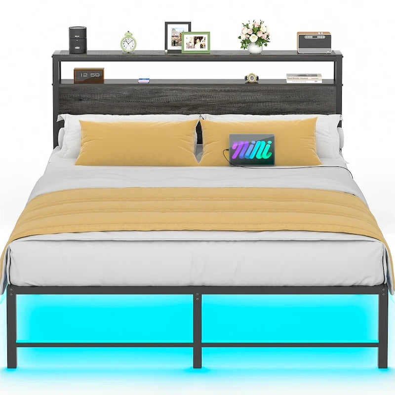 Cadre de lit avec tête de lit, lit plateforme en métal avec lumières LED et station de recharge