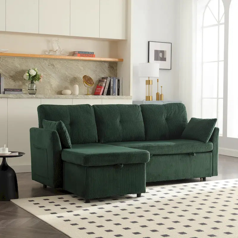Canapé modulaire en velours doux vert 81,1 L avec méridienne réversible et rangement, convertible pour salon