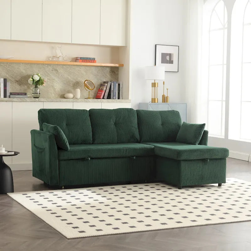 Canapé modulaire en velours doux vert 81,1 L avec méridienne réversible et rangement, convertible pour salon
