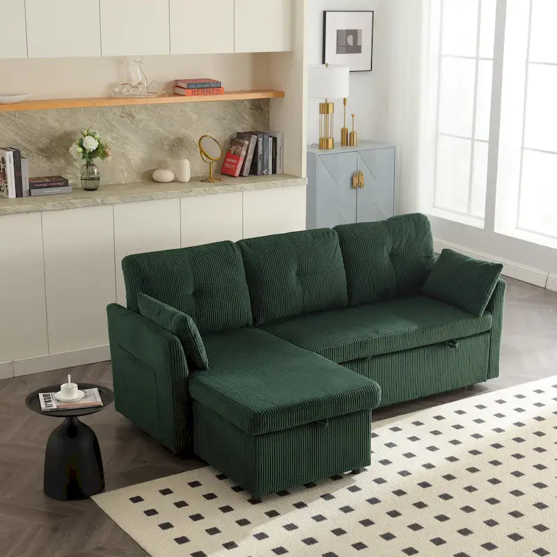 Canapé modulaire en velours doux vert 81,1 L avec méridienne réversible et rangement, convertible pour salon