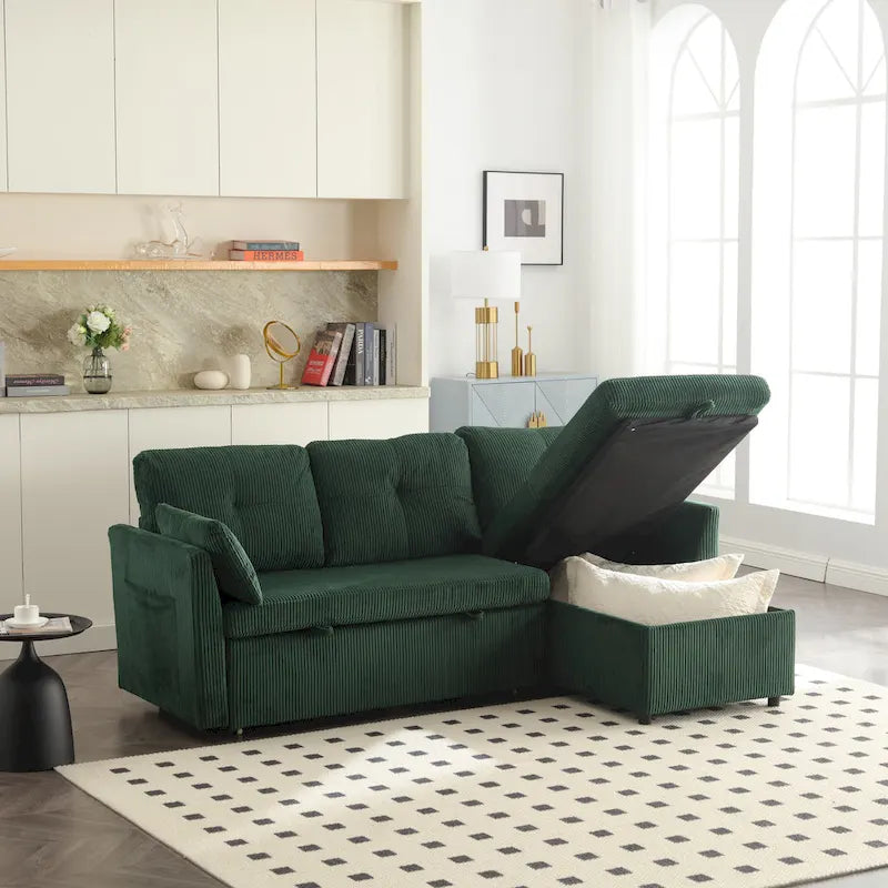 Canapé modulaire en velours doux vert 81,1 L avec méridienne réversible et rangement, convertible pour salon