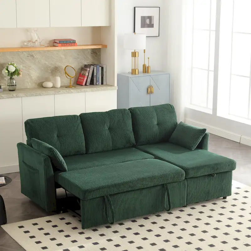 Canapé modulaire en velours doux vert 81,1 L avec méridienne réversible et rangement, convertible pour salon