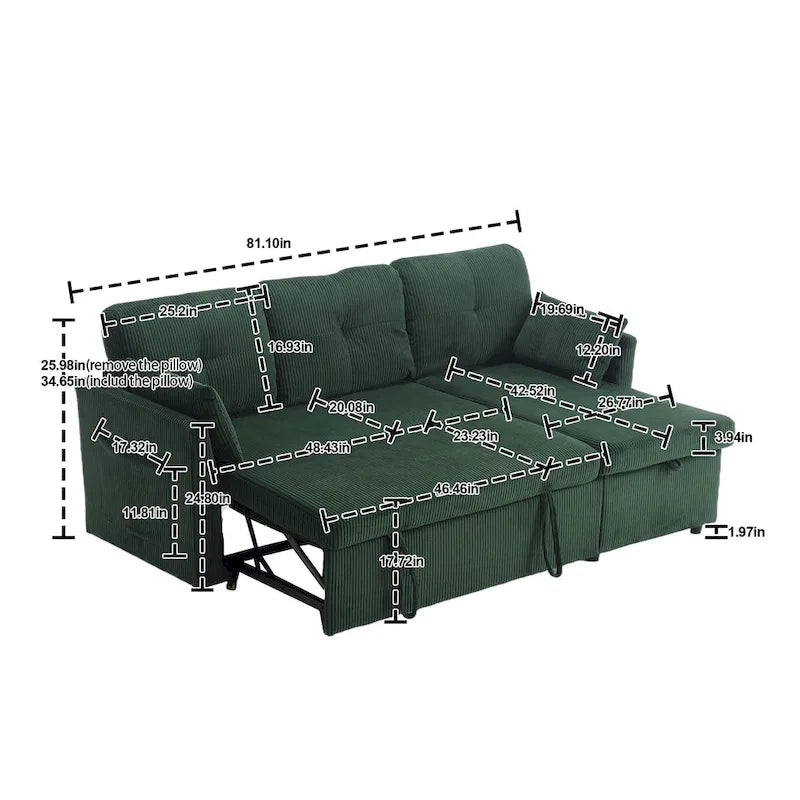 Canapé modulaire en velours doux vert 81,1 L avec méridienne réversible et rangement, convertible pour salon