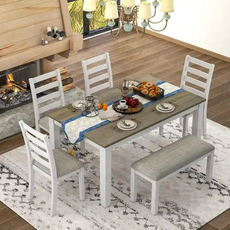 Table à manger en bois marron et blanchi avec plateau rectangulaire, 4 chaises et banc