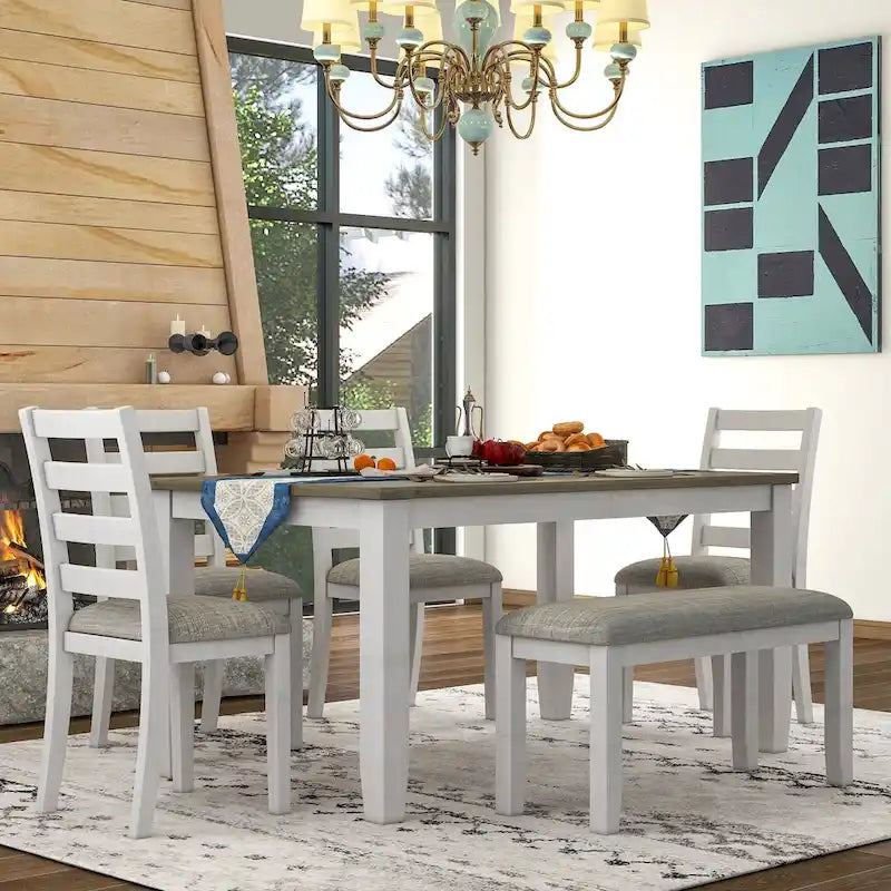 Table à manger en bois marron et blanchi avec plateau rectangulaire, 4 chaises et banc