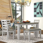 Table à manger en bois marron et blanchi avec plateau rectangulaire, 4 chaises et banc
