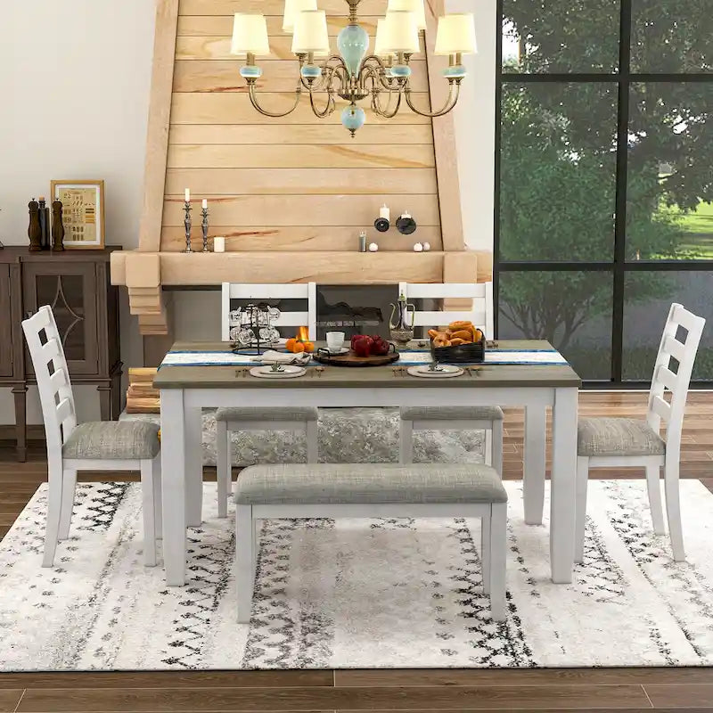 Table à manger en bois marron et blanchi avec plateau rectangulaire, 4 chaises et banc