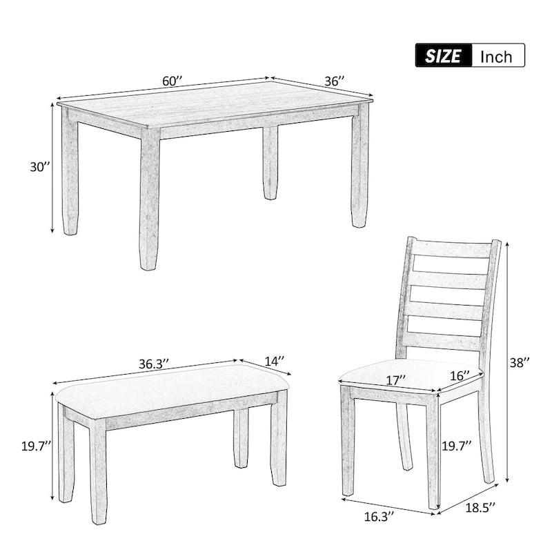 Table à manger en bois marron et blanchi avec plateau rectangulaire, 4 chaises et banc