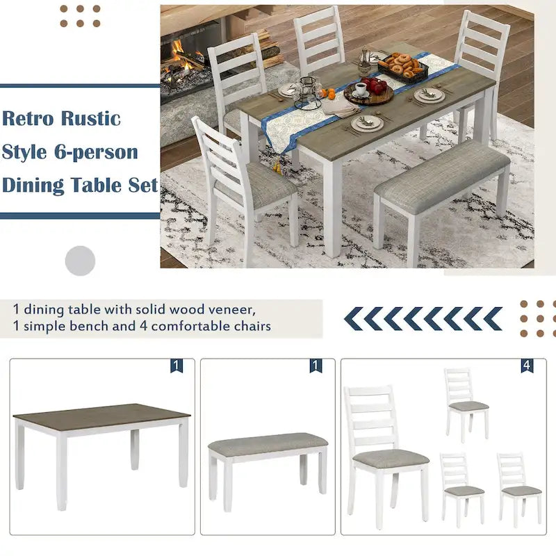 Table à manger en bois marron et blanchi avec plateau rectangulaire, 4 chaises et banc