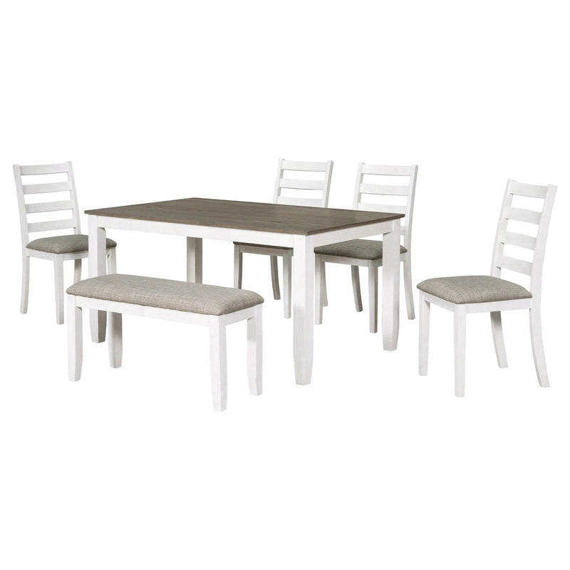 Table à manger en bois marron et blanchi avec plateau rectangulaire, 4 chaises et banc
