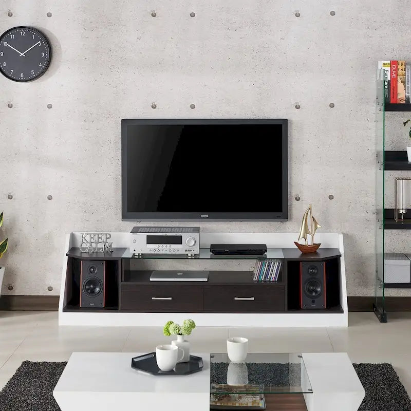 Meuble TV Kax contemporain blanc 70 pouces en verre multifonctionnel avec rangement