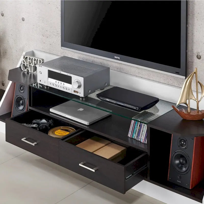 Meuble TV Kax contemporain blanc 70 pouces en verre multifonctionnel avec rangement
