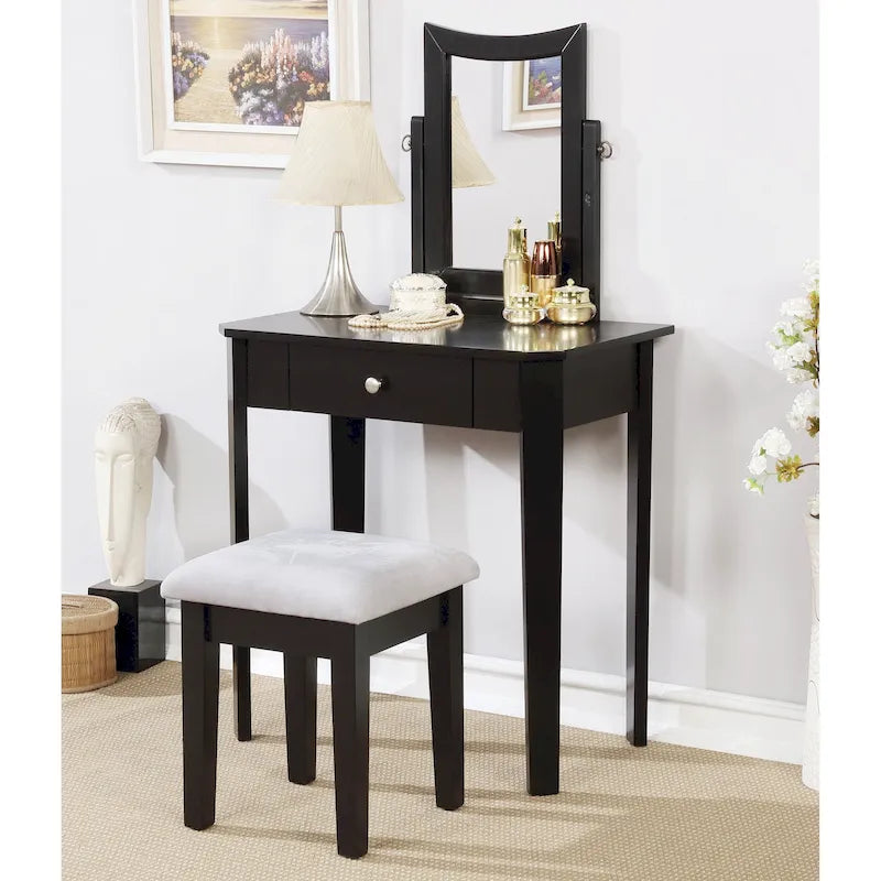 Coiffeuse contemporaine en bois massif Quol avec tiroir, miroir et tabouret