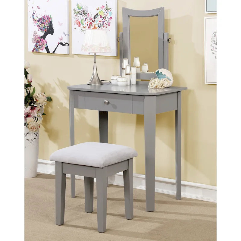 Coiffeuse contemporaine en bois massif Quol avec tiroir, miroir et tabouret