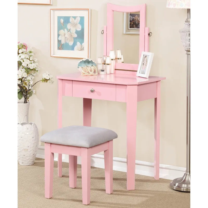 Coiffeuse contemporaine en bois massif Quol avec tiroir, miroir et tabouret