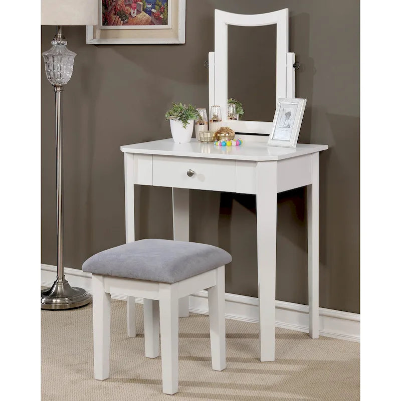 Coiffeuse contemporaine en bois massif Quol avec tiroir, miroir et tabouret