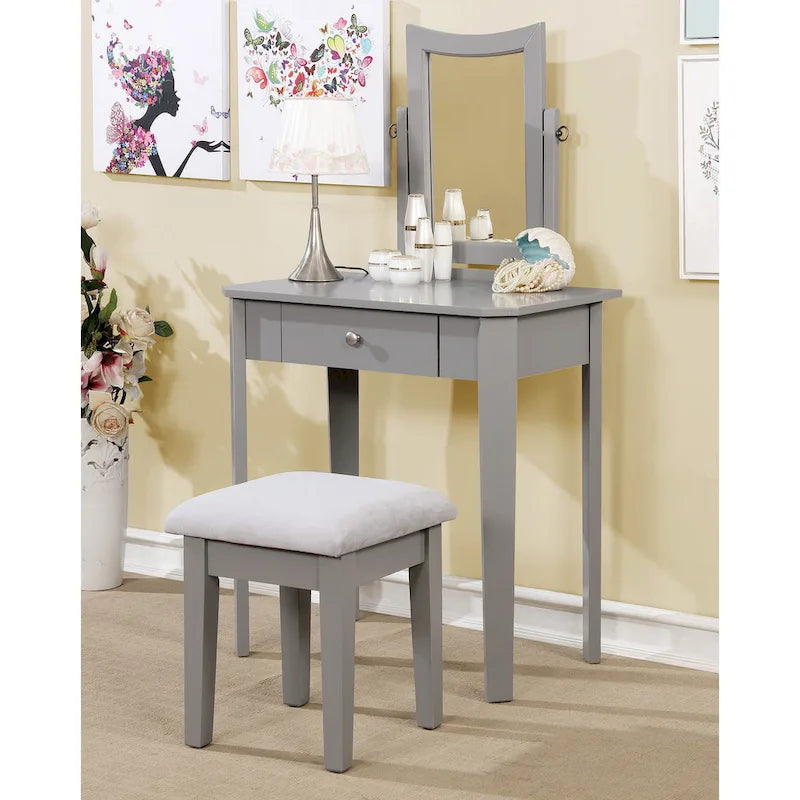 Coiffeuse contemporaine en bois massif Quol avec tiroir, miroir et tabouret