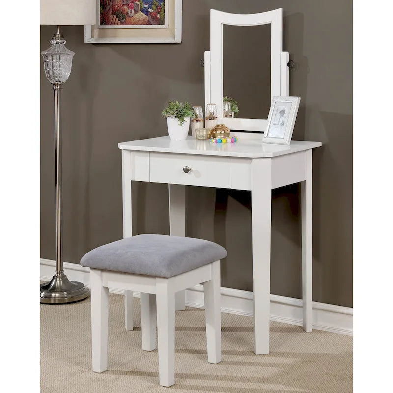 Coiffeuse contemporaine en bois massif Quol avec tiroir, miroir et tabouret