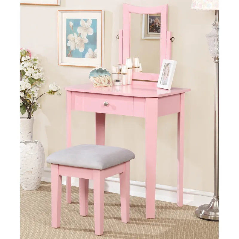 Coiffeuse contemporaine en bois massif Quol avec tiroir, miroir et tabouret