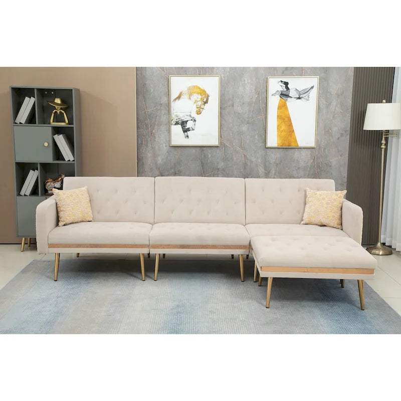 Canapé d'angle en L capitonné en polyester avec pouf convertible en lit