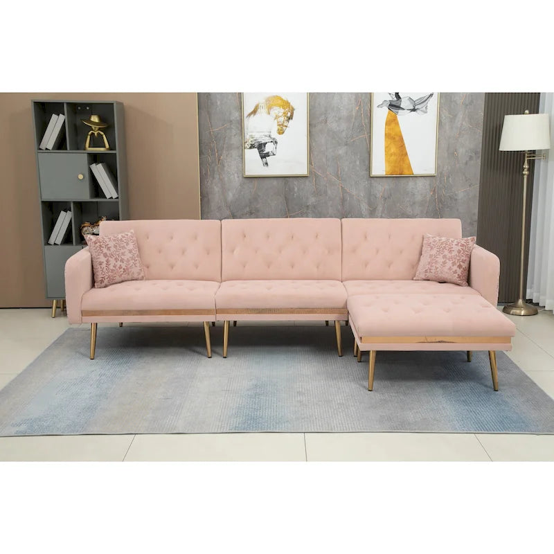 Canapé d'angle en L capitonné en polyester avec pouf convertible en lit
