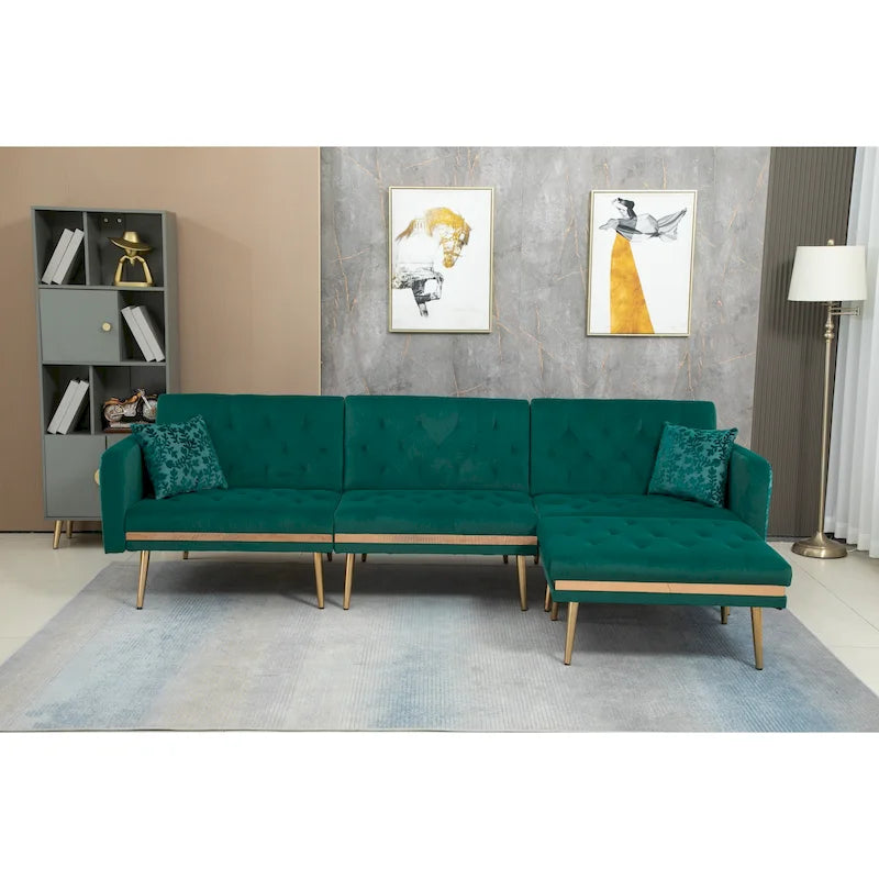 Canapé d'angle en L capitonné en polyester avec pouf convertible en lit