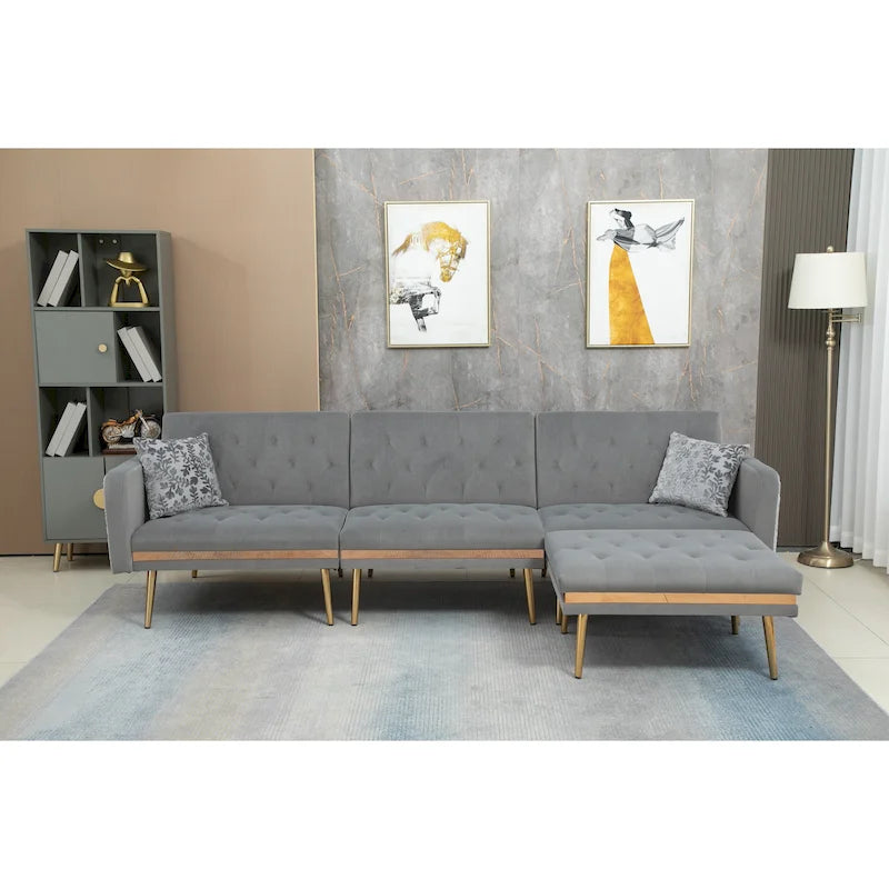 Canapé d'angle en L capitonné en polyester avec pouf convertible en lit